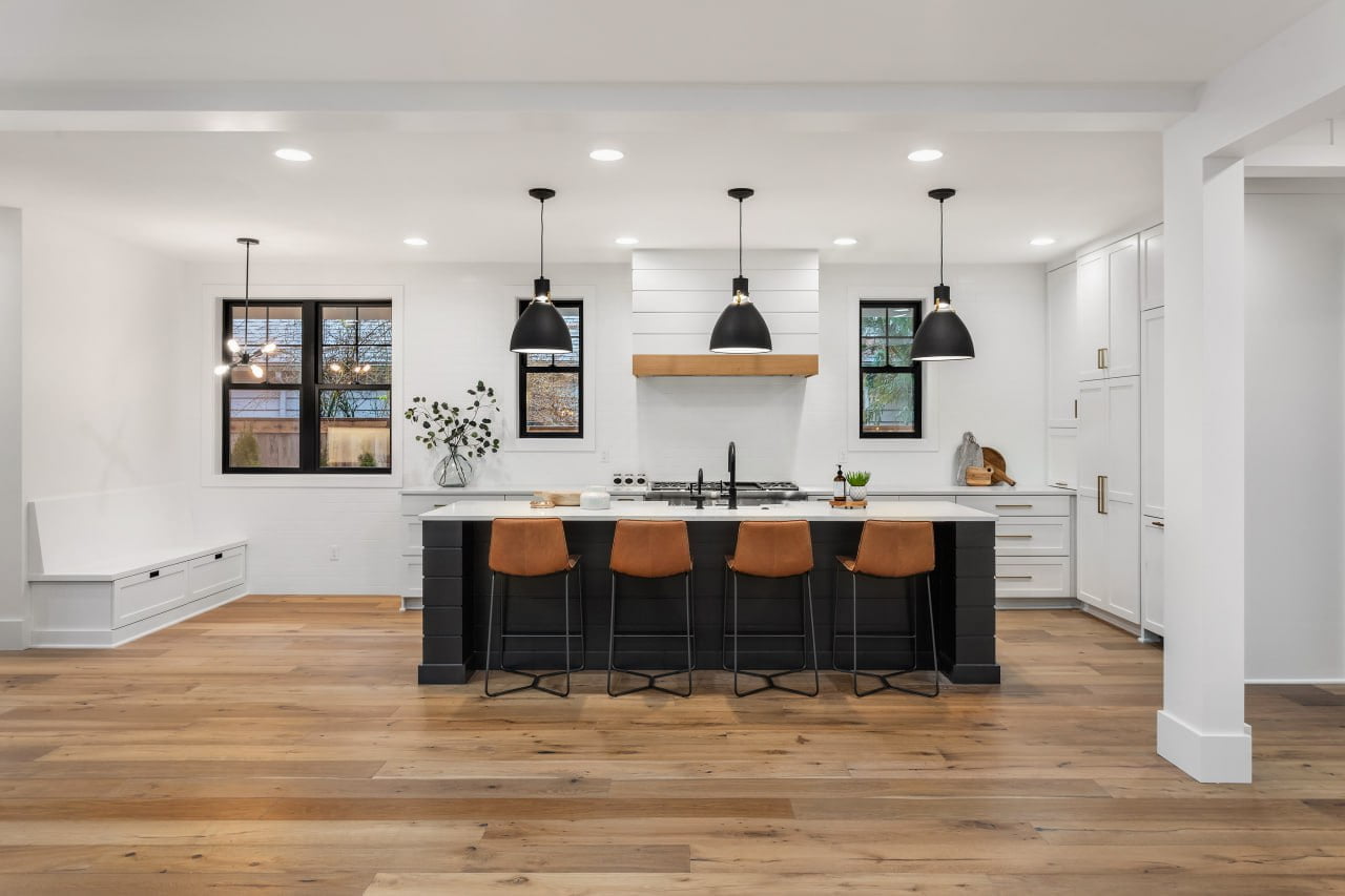 Contemporary kitchen featuring lavish vinyl flooring